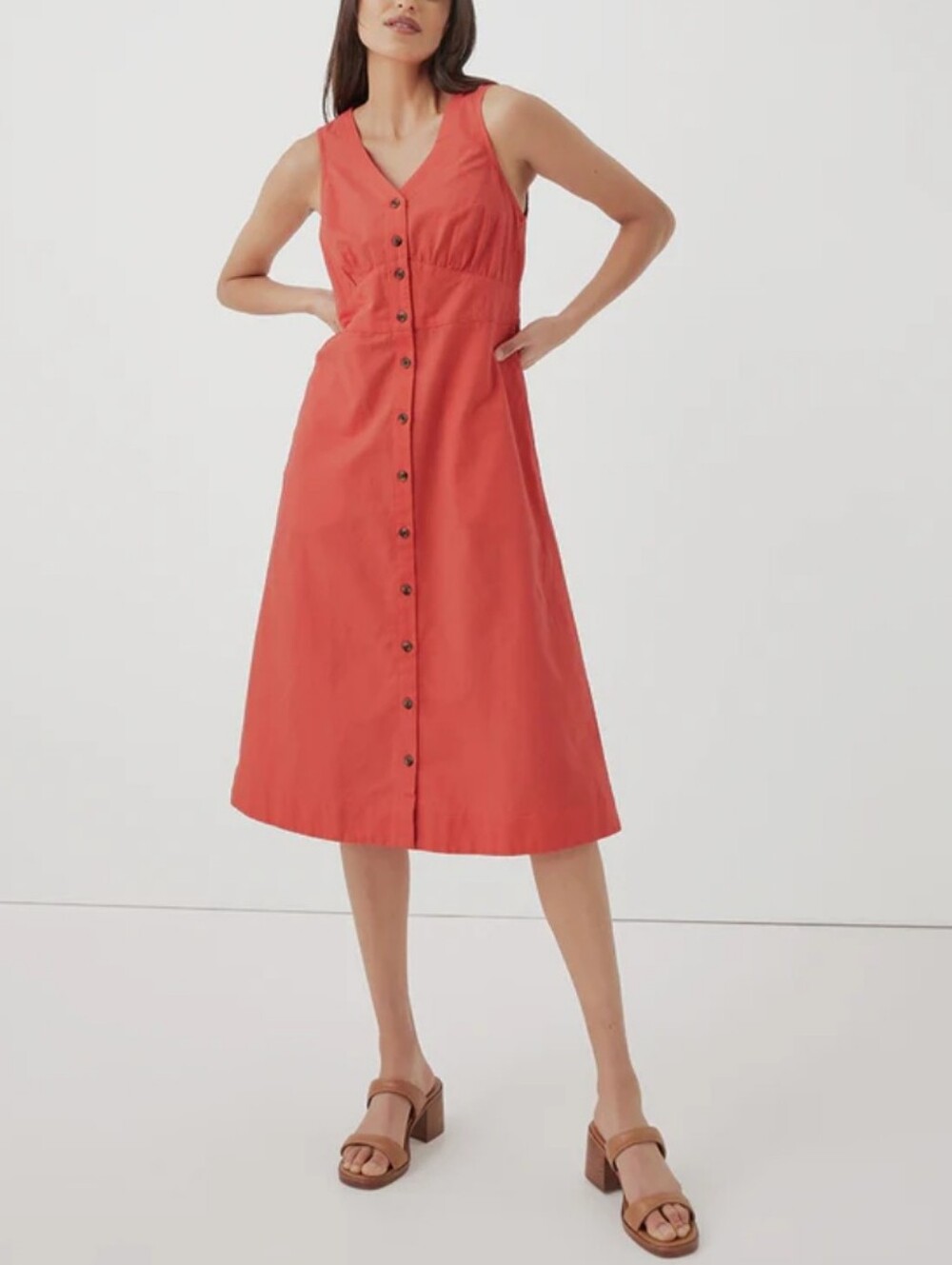 Pact Organic Cotton Linen Canopy Button Front Dress Coral Orange - Picture 1 of 17